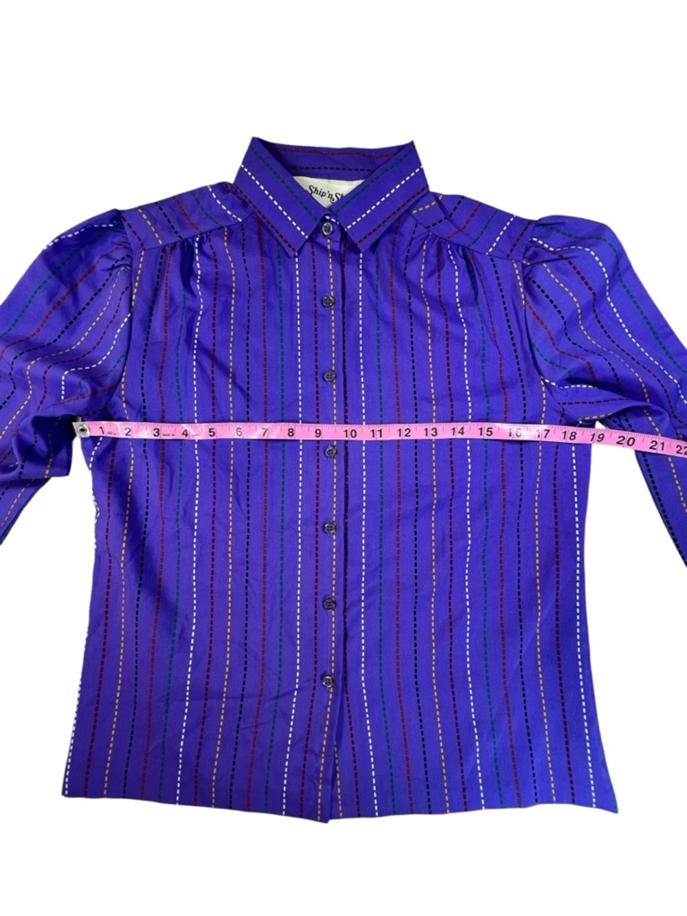 Ship 'n Shore Vintage 80s Royal Purple Stripe Puff Sleeve Blouse Size 10 S/M - Picture 3 of 6